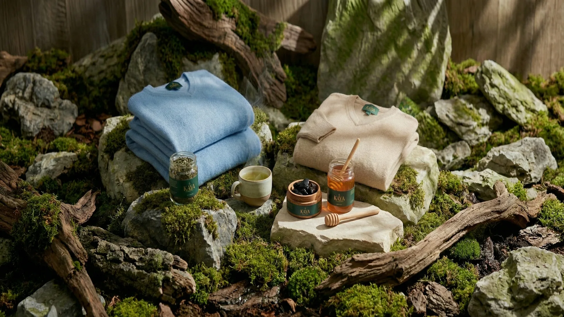 KAYA marketplace — Himalayan landscape with wellness products