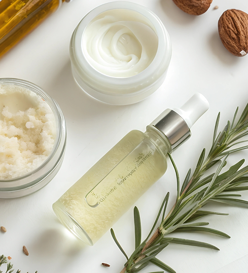 Natural skincare products with botanical elements